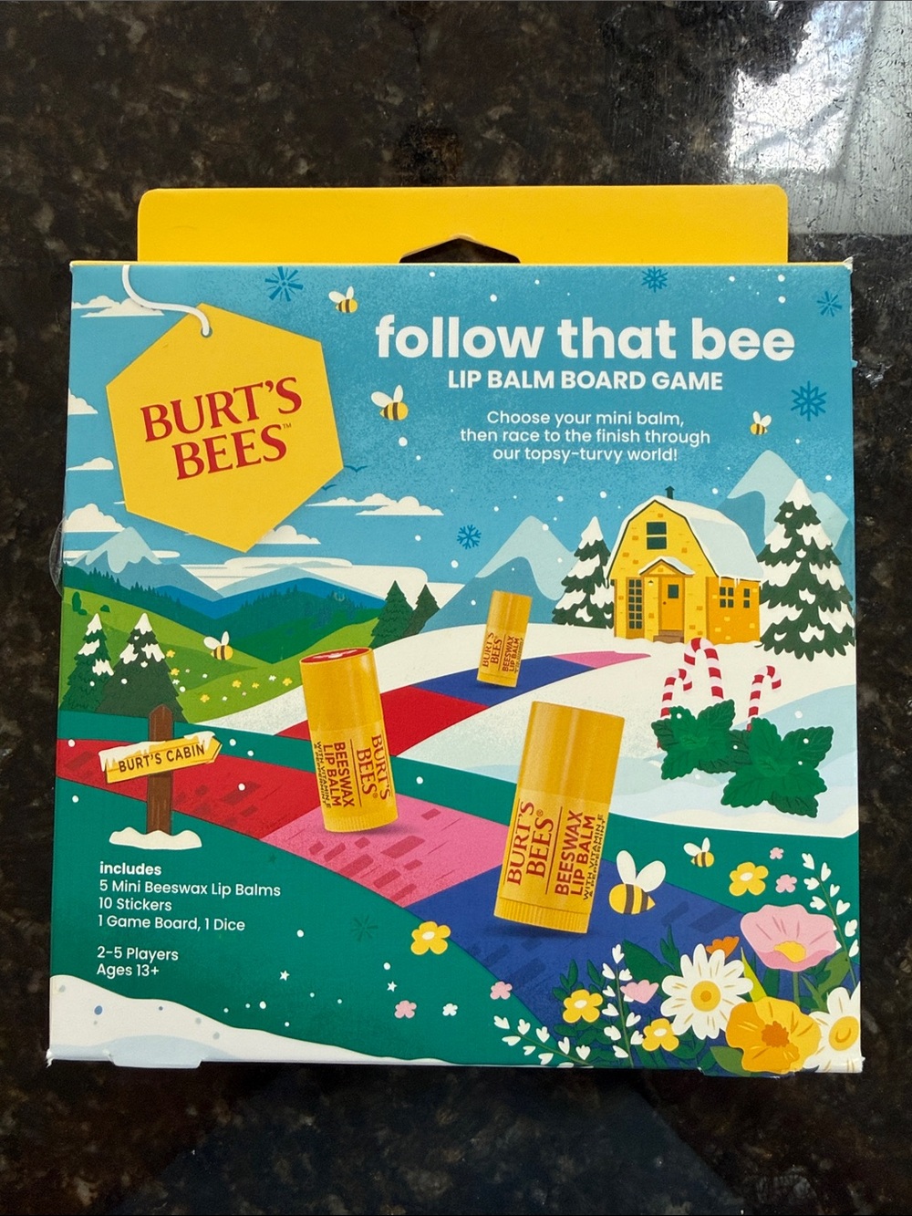 Burt's Bees Follow That Bee Lip Balm Board Game - Yellow & Blue Artwork